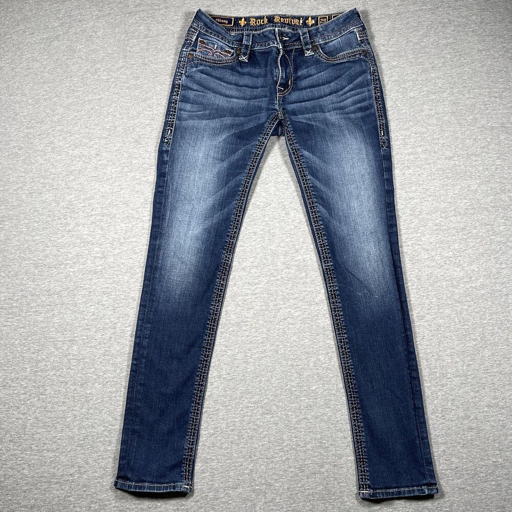 Rock Revival Alivia Jeans Womens 29 Blue Skinny Mid Rise Embroidered Medium Wash